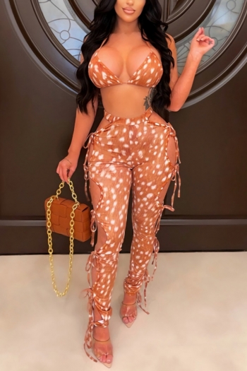 summer new stylish orange simple batch printing lace-up hollow halter neck backless stretch plus size sexy two-piece set