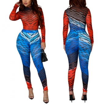 Spring & summer new batch printing see through mesh stretch bodysuit with tight pants sexy skinny two-piece set (without lining)