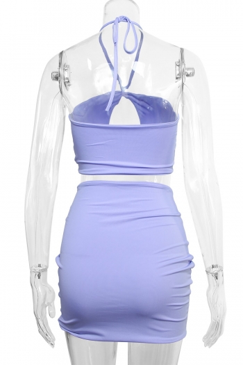 XS-L summer new stylish simple solid color halter neck backless stretch slim shirring hollow sexy two-piece set