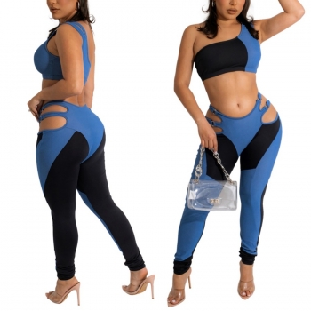 Summer new plus size blue and black patchwork stretch one-shoulder hollow metal-ring linked sexy skinny two-piece set