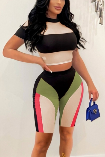 summer new stylish mesh patchwork multicolor printing stretch slim plus size sexy two-piece set