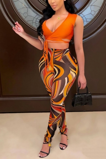 summer new stylish orange batch printing stretch 4 colors plus size mesh see-through high waist lace-up sleeveless two piece set