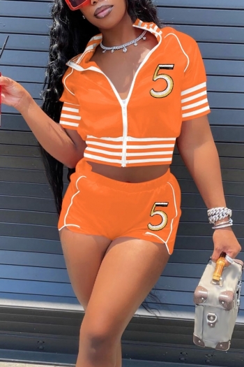 summer new stylish 5 colors stretch orange number embroidery printing zip-up plus size casual two piece set