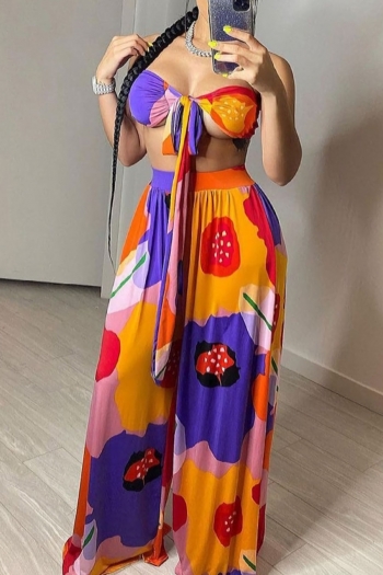 Summer new stylish multicolor batch printing stretch loose multiple lacing methods backless plus size sexy two-piece set