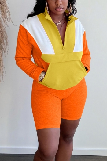 Spring new stylish simple 4 colors orange patchwork contrast color zip-up pocket stretch plus size casual two-piece set