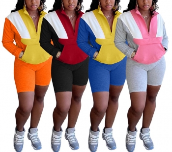 Spring new stylish simple 4 colors orange patchwork contrast color zip-up pocket stretch plus size casual two-piece set