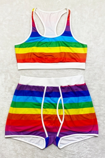 summer new plus size multicolor stripe batch printing patchwork stretch vest with shorts stylish casual two-piece set