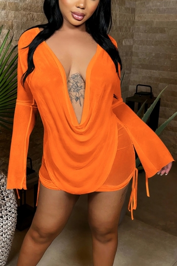 spring & summer new plus size six colors solid color orange see through mesh stretch deep v backless drawstring sexy two-piece set (without lining)