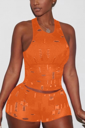 summer new plus size 7 colors solid color orange stretch random holes design vest with shorts stylish hot two-piece set