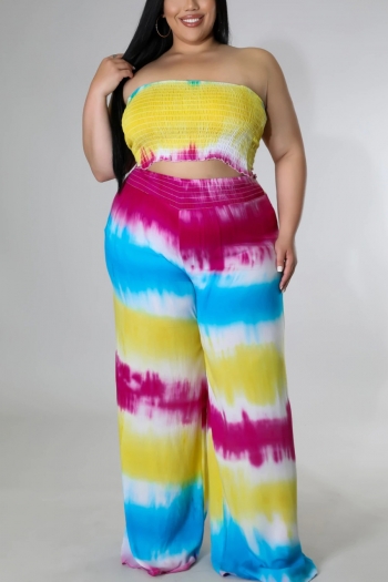 xl-5xl summer new three colors tie-dye micro-elastic smocked tube top with straight pants stylish two-piece set