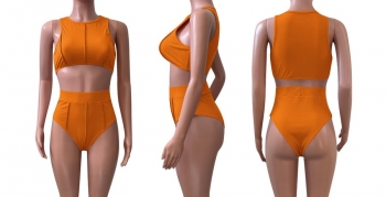 Summer new stylish simple solid color orange 9 colors plus size stretch slim sleeveless high waist sexy two-piece set