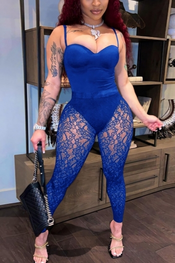 summer new plus size three colors stretch adjustable straps bodysuit with see through lace tight pants sexy nightclub two-piece set