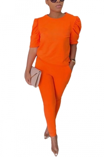 summer orange new 4 colors solid color elbow sleeves shirring pocket stretch plus-size casual two-piece set
