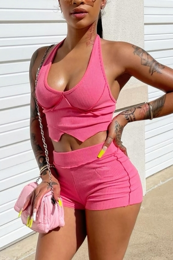 summer new plus size five colors solid color ribbed knit stretch halter-neck vest with shorts stylish two-piece set