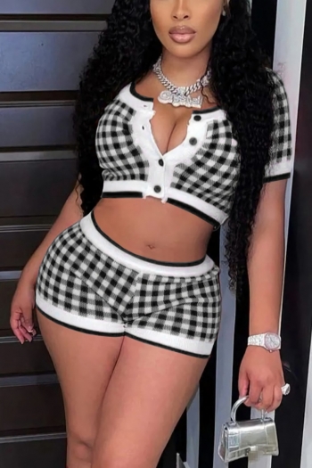 Summer new plus size five colors lattice printing stretch single-breasted stylish two-piece set