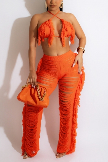 summer new four colors orange stretch halter-neck tassel vest with see through hollow knitted tassel pants sexy nightclub two-piece set