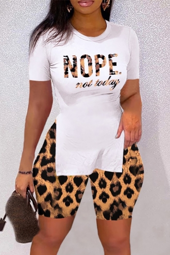 plus size summer new stylish letter and leopard printing short sleeves split casual two-piece set