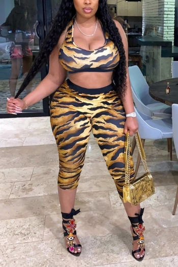 s-2xl summer new plus size tiger stripe printing patchwork stretch cropped vest with cropped pants stylish two-piece set