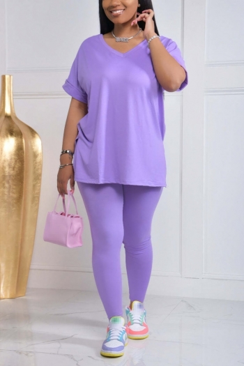s-2xl summer new plus size 9 colors solid color stretch v-neck loose casual simple two-piece set