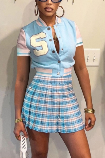 s-2xl summer new plus size three colors micro-elastic letter applique single-breasted top with pleated plaid mini skirt stylish baseball two-piece set