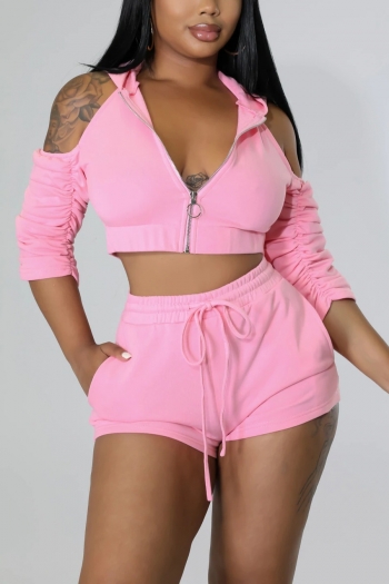 s-2xl plus size summer new stylish stretch 4 colors solid color hooded zip-up shirring backless pockets hollow slim sexy two-piece set with tie-waist