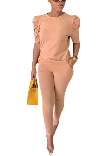 summer new solid color elbow sleeves shirring pocket stretch plus-size casual two-piece set
