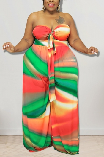 xl-5xl summer new plus size three colors tie-dye stretch tied tube top with wide-leg pants stylish two-piece set