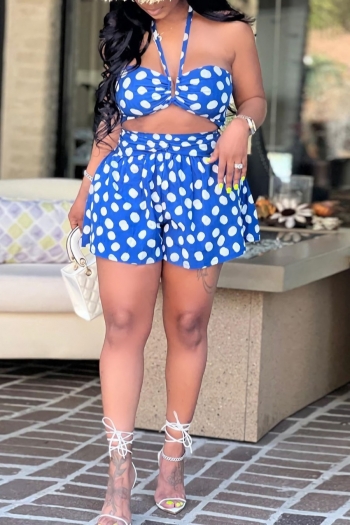 s-2xl plus size summer new stylish 3 colors stretch polka dot printing halter-neck lace-up sexy two-piece set(with padded)