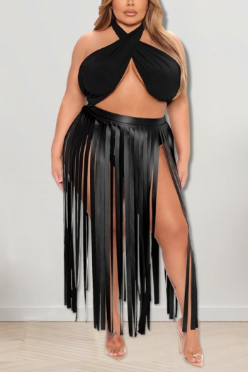 xl-5xl plus size summer new stylish solid color halter-neck backless stretch crop top tassels leather skirt sexy two-piece set(with lining)