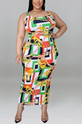 xl-5xl plus size summer new geometric chain batch printing stretch vest with slit long skirt sexy two-piece set
