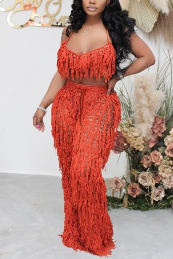 s-2xl plus size summer new stylish 5 colors solid color stretch knitted hollow tassel halter-neck lace-up backless with tie-waist sexy two-piece set(without lining)