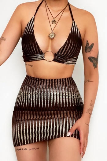 s-2xl plus size summer new stylish stretch batch printing metal-ring linked hollow halter-neck lace-up backless slim sexy two-piece set