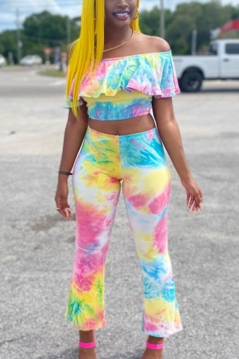 summer new tie-dyed printing stretch ruffle off-the-shoulder slim stylish two-piece set