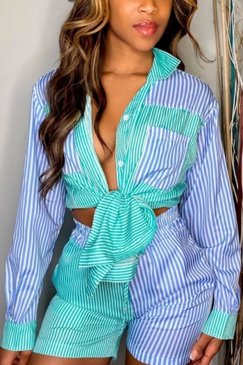 summer new stylish 3 colors inelastic stripe printing contrast color spliced single-breasted pocket with tie-waist casual two-piece set