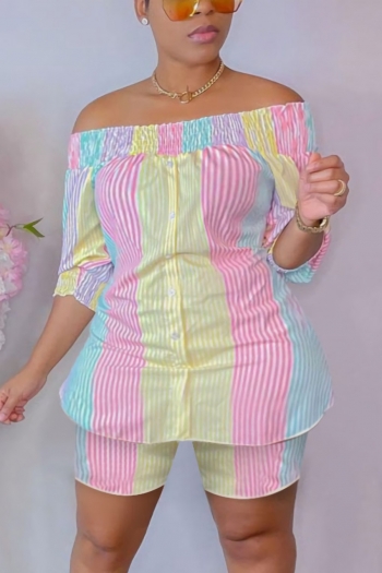 xl-5xl summer new plus size stripe printing micro-elastic off the shoulder single-breasted elbow sleeves smocked stylish casual two-piece set