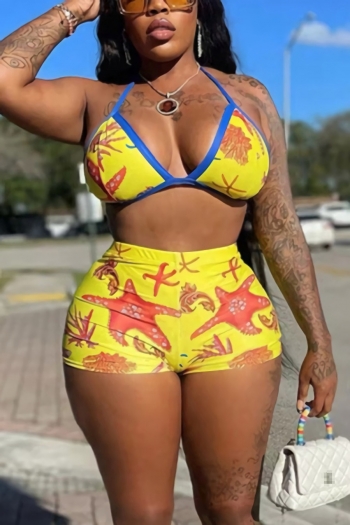 s-2xl summer new plus size two colors sea star & shell batch printing stretch unpadded halter-neck self-tie sexy shorts sets
