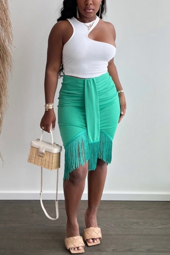 l-2xl plus size summer new solid color stretch hollow sleeveless tassel shirring zip-up irregular stylish sexy skirt sets