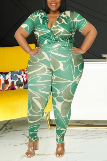 XL-5XL summer new plus size three colors batch printing stretch v-neck bodysuit with pants stylish casual pants sets