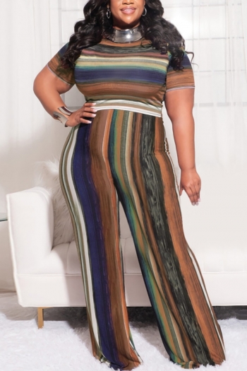 XL-5XL summer new plus size 4 colors stripe printing stretch wide-leg casual pants sets
