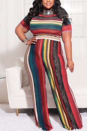 XL-5XL summer new plus size 4 colors stripe printing stretch wide-leg casual pants sets