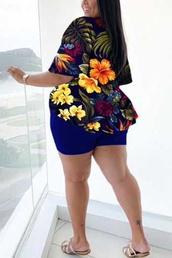 L-4XL summer new plus size 5 colors flower & leaf batch printing stretch deep v lace-up ruffle stylish tropical style shorts sets