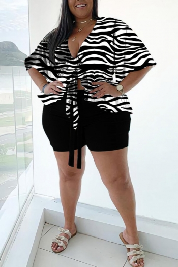 l-4xl summer new plus size zebra stripe printing stretch deep v lace-up ruffle stylish tropical style shorts sets