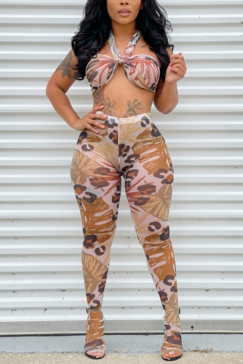 summer new leaf batch printing stretch halter-neck vest with stocking pants sexy skinny pants sets