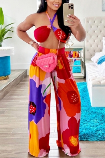 S-2XL plus size summer new stylish stretch flower batch printing halter-neck lace-up backless sexy pants sets