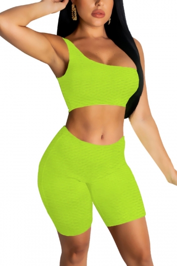 S-2XL summer new plus size 4 colors solid color jacquard stretch one shoulder vest with shorts stylish sports shorts sets