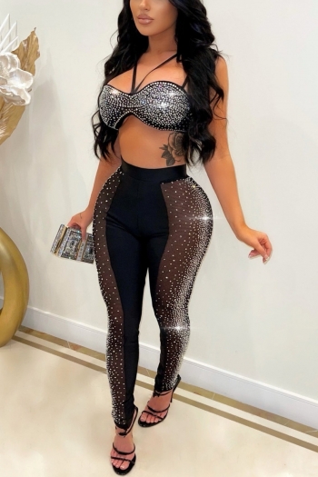 S-2XL summer new plus size three colors see through mesh spliced stretch rhinestone decor adjustable straps sexy skinny pants sets