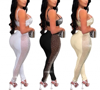 S-2XL summer new plus size three colors see through mesh spliced stretch rhinestone decor adjustable straps sexy skinny pants sets