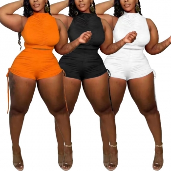 S-2XL plus size summer new 3 colors solid color stretch sleeveless drawstring slim stylish shorts sets