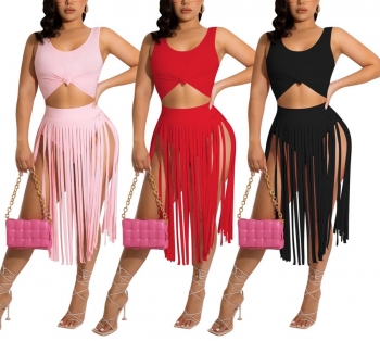 Summer new three colors solid color stretch vest with panties lining spliced tassel hem sexy skirt sets