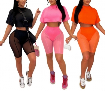 S-2XL plus size summer new 3 colors stretch solid color short sleeves see through mesh spliced with lining stylish shorts sets